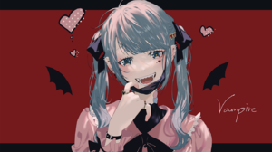 Hatsune Miku Vocaloid Vampires Twintails Black Ribbons Bat Wings Solo Pink Shirt Open Mouth Aqua Hai 1408x841 Wallpaper