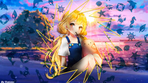 Beach Blonde Anime Girls Sunset Afternoon Shapes 1600x900 Wallpaper