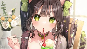 Anime Anime Girls Green Eyes Drink Ice Cream Collar Animal Ears Cat Ears Cat Girl 1920x1080 Wallpaper