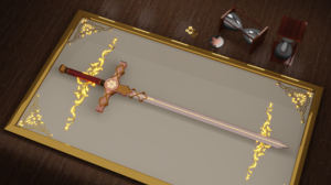 Sword Blender CGi Digital Art Weapon Picture Frames Hourglasses Wooden Surface 3840x2160 wallpaper