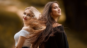 Model Two Women Smiling Red Lipstick White Tops Black Dress Women Outdoors Women Blonde Brunette Bar 2048x1152 Wallpaper