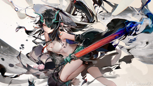 Anime Anime Girls Arknights Dusk Arknights Dragon Horns Looking At Viewer Weapon Sword Hair Over One 4800x2700 Wallpaper