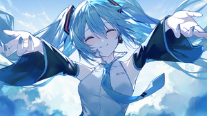 Anime Anime Girls Hatsune Miku Vocaloid Twintails Closed Eyes Tears Blue Hair Clouds 2000x1015 Wallpaper
