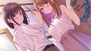 Anime Anime Girls Low Angle Smiling Blue Eyes Skirt Dark Hair Brunette Purple Eyes Blush Artwork Sup 1800x1350 Wallpaper
