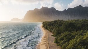 Landscape Nature Mountains Trees Beach Sea Waves Sunlight Water Sand 2400x1350 Wallpaper