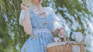 Photography Blonde Blue Dress Baskets Blush Closed Eyes Trees Hairband Blue Bow Asian 1680x2520 Wallpaper