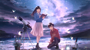 Sawasawa Vertical Anime Girls Anime Boys Couple Beach Water Waves Starry Night Stars Looking Up Sky  1313x1800 Wallpaper