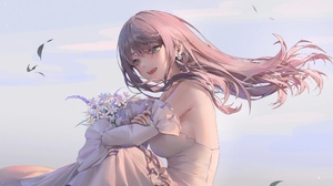 Anime Anime Girls Wedding Dress Long Hair Hair Blowing In The Wind Sky Clouds Leaves Open Mouth Earr 4096x2990 Wallpaper