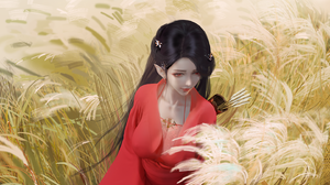 2D Artwork Drawing Illustration Original Characters Red Eyes Fantasy Girl Pointy Ears Kimono Arrows  1441x1080 Wallpaper