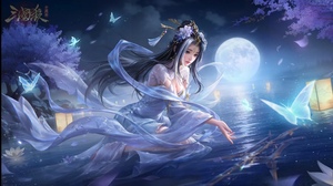 Chinese Clothing Anime Sanguosha Anime Girls Moon Moonlight Water Petals Lantern Dress Long Hair Vid 2175x1220 Wallpaper