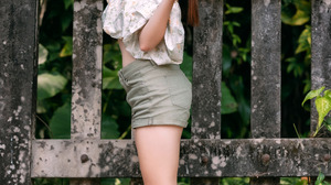 Asian Model Women Long Hair Dark Hair Fence Shorts Short Tops Bushes Bare Shoulders Socks Sneakers C 2560x3840 Wallpaper