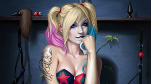 Harley Quinn Emanuel Mendez Biting Lip DC Comics Multi Colored Hair 1920x1121 Wallpaper