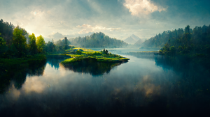 Lake Mountains Forest Water Green Grass Clouds Mist Landscape Render Sun Reflection 2048x1152 Wallpaper