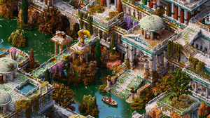Digital Art Artwork Illustration Voxels Pixels City Ancient River Water Boat Architecture Building I 5000x3333 Wallpaper