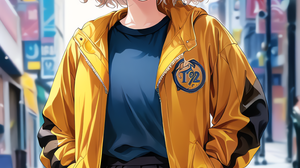 Anime Girls Blonde Short Hair Yellow Jacket Vertical Hands In Pockets Hat Looking At Viewer Yellow E 3072x4096 Wallpaper