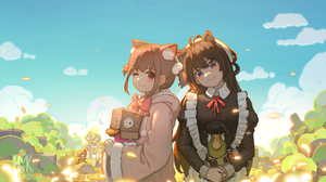 Hua Ming Wink Cat Ears Original Characters Anime Girls Cat Girl Maid Maid Outfit One Eye Closed Mole 3555x2000 Wallpaper