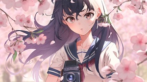 Anime Anime Girls Camera Cherry Blossom School Uniform Dark Hair Brown Eyes Kabu Artwork 2048x1536 Wallpaper