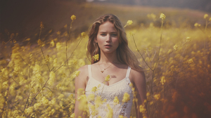 Women Jennifer Lawrence Blonde Actress Field Depth Of Field White Dress Flowers Yellow Flowers Plant 3000x1833 Wallpaper