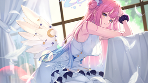 Anime Pixiv Misono Mika Blue Archive White Dress Pink Hair Window Looking At Viewer Yellow Eyes Wing 3508x2480 Wallpaper