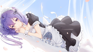 Anime Anime Girls Purple Hair Purple Eyes Maid Maid Outfit Lying On Side Braids Petals 3000x1688 Wallpaper