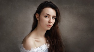 Alexey Kishechkin Women Brunette Long Hair Blue Eyes Bare Shoulders Earring Simple Background Portra 2560x1440 Wallpaper