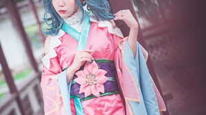 Asian Women Model Traditional Clothing Cyan Hair Looking Away Dress 1366x2048 Wallpaper