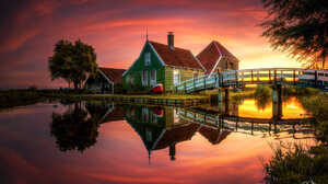 Nature Lake Clouds Sky Trees Sunset Bridge House Cottage Reflection Colorful Window 1920x1280 Wallpaper