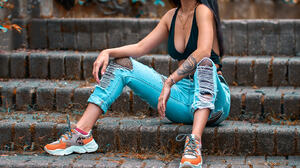 Mikel Hernandez Women Dark Hair Long Hair Straight Hair Necklace Torn Jeans Sneakers Stairs Fall Pla 1638x2048 Wallpaper
