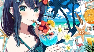 Oshi No Ko Anime Girls Kurokawa Akane Cocktails Drinking Looking At Viewer Blue Dress Palm Trees Dri 1280x1280 Wallpaper