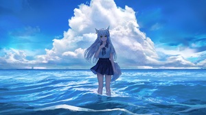 Anime Anime Girls School Uniform Schoolgirl Sea Sky Clouds Long Hair Cat Ears Tail Standing In Water 4168x2495 Wallpaper