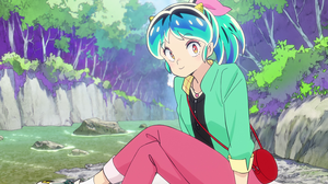 Urusei Yatsura Anime Anime Girls Anime Screenshot Smiling Multi Colored Hair Water Trees Purse Horns 3840x2160 wallpaper