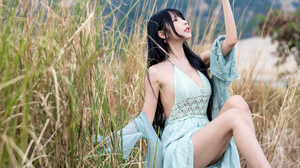 Robin Huang Women Asian Dark Hair Long Hair Dress Blue Clothing Nature Grass Legs Barefoot Vicky Asi 2731x2525 wallpaper