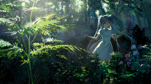 Anime Anime Girls Hatsune Miku Vocaloid Twintails Long Hair Blue Hair Blue Eyes Forest Sunlight Flow 2600x1400 Wallpaper