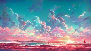 Ai Clouds Vaporwave Beach Sunset Sand Moon Suns Bright Colorful Pastel Waves 2048x1152 Wallpaper
