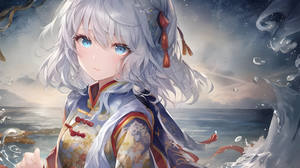 Kristin Lina Digital Art Himmel Tseng Anime Girls Chinese Dress Water Water Drops Blue Eyes Silver H 2560x1440 Wallpaper