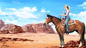 Outdoors Women Outdoors Clear Sky Horse Riding Western Desert Digital Art Kev Art Horse Sky Clouds 5120x2880 Wallpaper