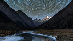Nature Long Exposure Stars Circle Night River Snowy Peak Trees Forest Hills Ice Frozen River Sichuan 5942x3966 Wallpaper