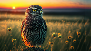 Ai Art Illustration Owl Field Sunset Animals Sun Sunset Glow 3461x1947 Wallpaper
