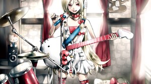 Anime Anime Girls Hello Kitty Drums Guitar Microphone Blonde Long Hair Bangs Braided Hair Pink Eyes  2600x2080 Wallpaper