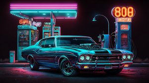 Ai Art Muscle Cars American Cars Gas Station Neon Reflection Night 3136x1792 Wallpaper