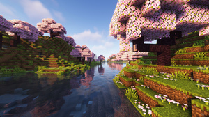Cherry Blossom Water Minecraft Video Games Cube Sky Clouds Reflection Flowers Video Game Art Trees 3840x2160 Wallpaper
