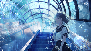 Anime Anime Girls Stairs Escalator Umbrella Fish Water Drops Looking Away Schoolgirl School Uniform  3021x1701 Wallpaper