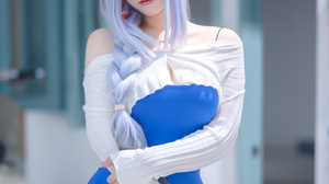 Cosplay Asian Shenhe Genshin Impact Hair Over One Eye Blue Dress IPhone 4128x6192 Wallpaper