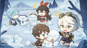 New Year Anime Anime Girls Snowman Winter Happy Outdoors Snow Genshin Impact Eula Genshin Impact Amb 2560x1440 Wallpaper