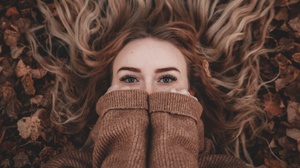 Women Model Face Portrait Covering Face Sweater Brown Sweater Freckles 2560x1440 Wallpaper