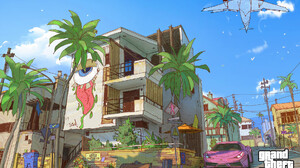 Xiao Xiaolu Drawing Grand Theft Auto V Los Santos Pink Cars Palm Trees Digital Art Sky Clouds Buildi 1920x1280 Wallpaper