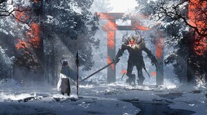 Torii Winter Gatekeeper Spear Sword Snow Japan Asteroid Artist Fantasy Art 4096x1854 wallpaper