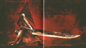 Panic Silent Hill Triangle Knife Red Pyramid Head Video Games Video Game Characters Video Game Horro 6598x2850 Wallpaper