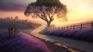 Ai Art Illustration Trees Lavender Field Road Sunrise Fence 3060x2048 Wallpaper