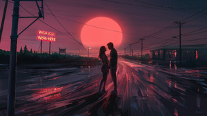 Aenami 4K Digital Art Artwork Illustration Painting Couple Romantic Sun Sunset Neon Sign Reflection  3840x2160 Wallpaper